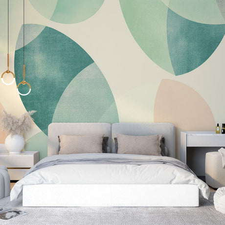 Abstract geometric wallpaper with organic shapes in pastel green creating a calm atmosphere in a modern living room