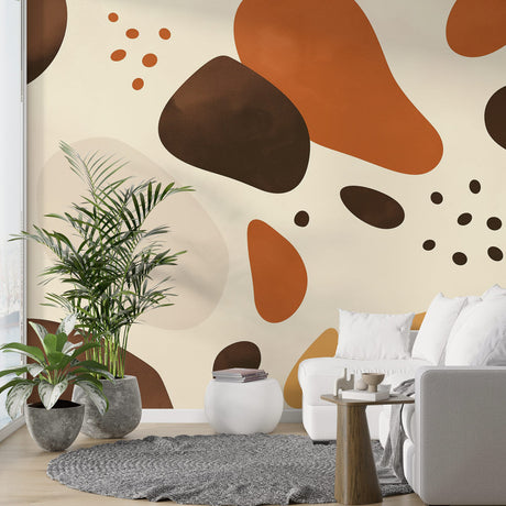Modern living room featuring Abstract Terracotta Wallpaper with brown organic shapes creating a warm, sophisticated atmosphere