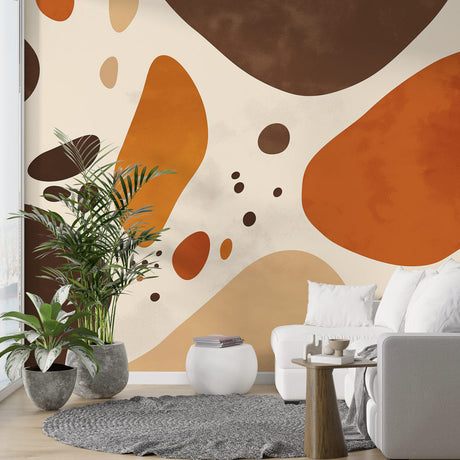 Modern abstract wallpaper with organic shapes in terracotta and brown tones creating warmth in a minimalist living room