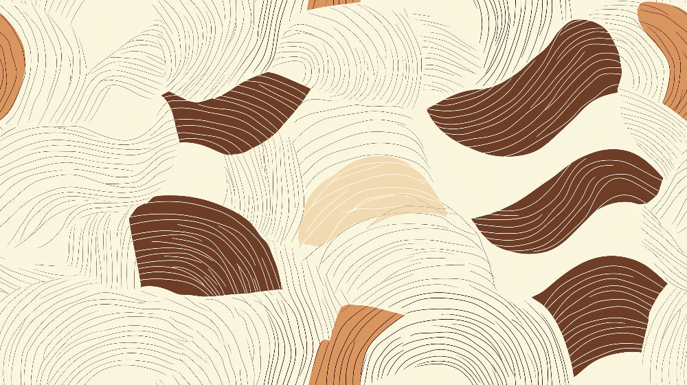 Abstract wave wallpaper mural in earth tones creating a cozy atmosphere in a modern living room with minimal furniture