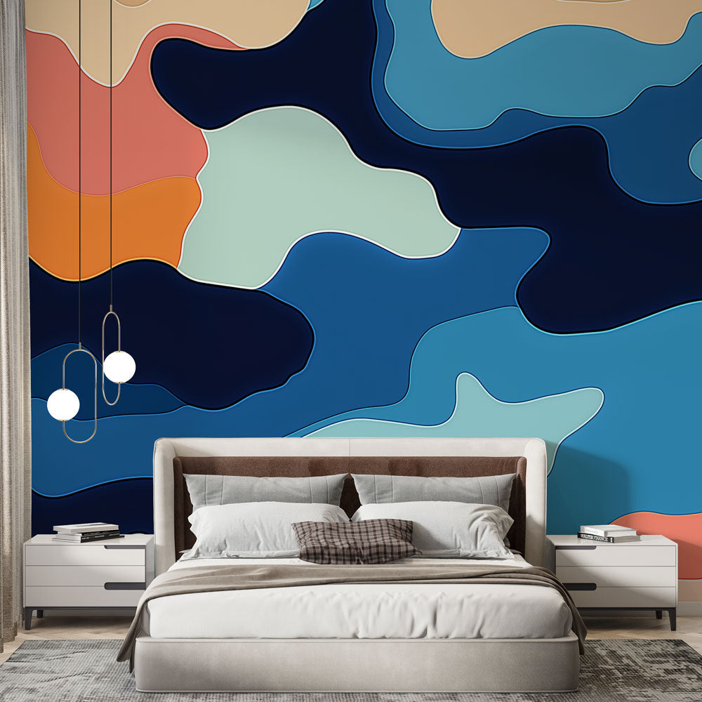 Abstract wave wallpaper mural in blue and orange creating a modern statement wall in a bright contemporary living room