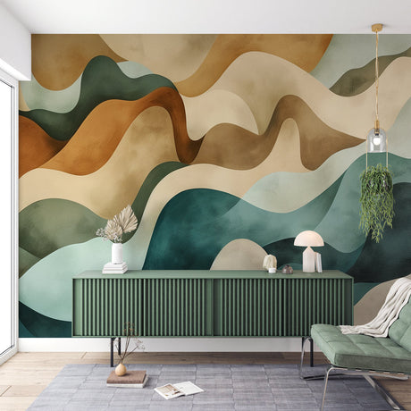 Abstract wave wallpaper creating a calming atmosphere in a modern living room with earth and sea tones