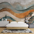 Abstract wave wallpaper in terracotta and sage tones showcased in a modern minimalist living room with natural light