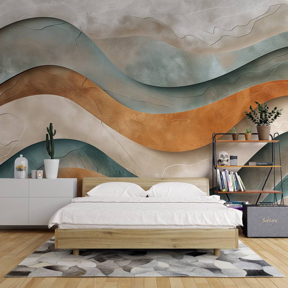 Abstract wave wallpaper in terracotta and sage tones showcased in a modern minimalist living room with natural light