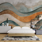 Abstract wave wallpaper in terracotta and sage tones showcased in a modern minimalist living room with natural light