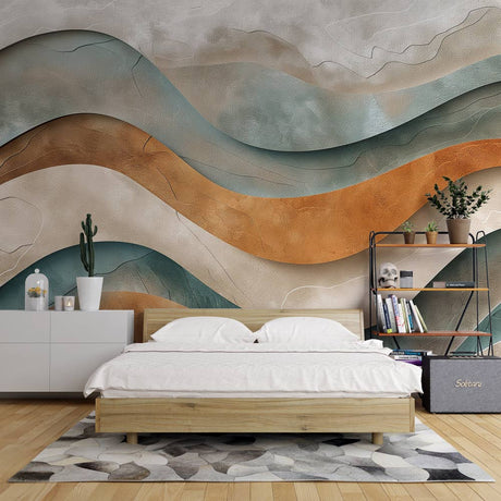 Abstract wave wallpaper in terracotta and sage tones showcased in a modern minimalist living room with natural light