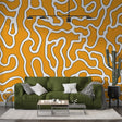 Abstract orange wallpaper with white lines creating depth in a modern living room setting, perfect for contemporary homes