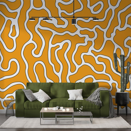 Abstract orange wallpaper with white lines creating depth in a modern living room setting, perfect for contemporary homes