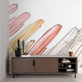 Abstract brushstroke wallpaper creating a peaceful atmosphere in a modern living room with natural light