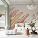 Pastel abstract mural wallpaper in a bright bedroom setting with minimal furniture