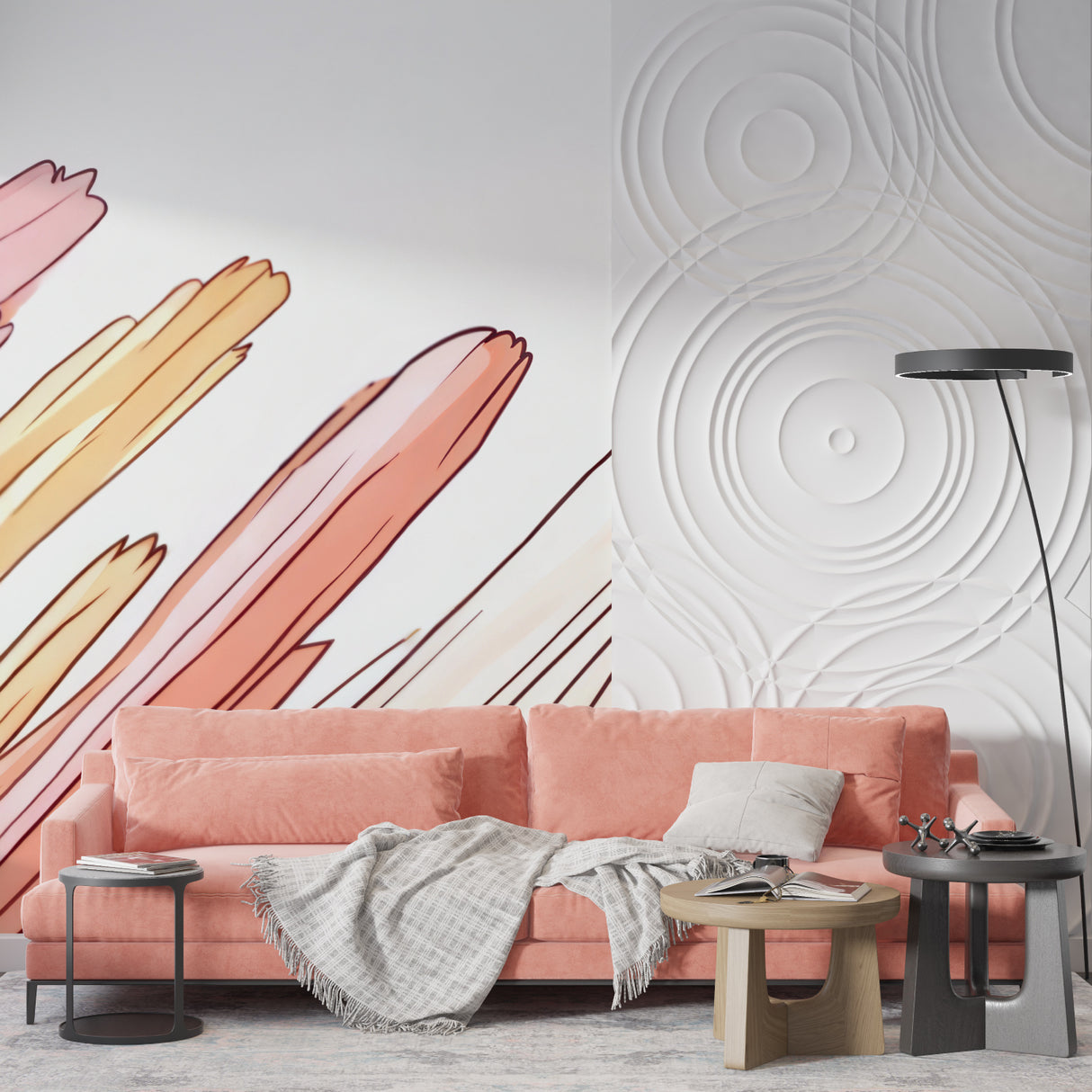 Modern abstract wallpaper bringing artistic flair to a home office space