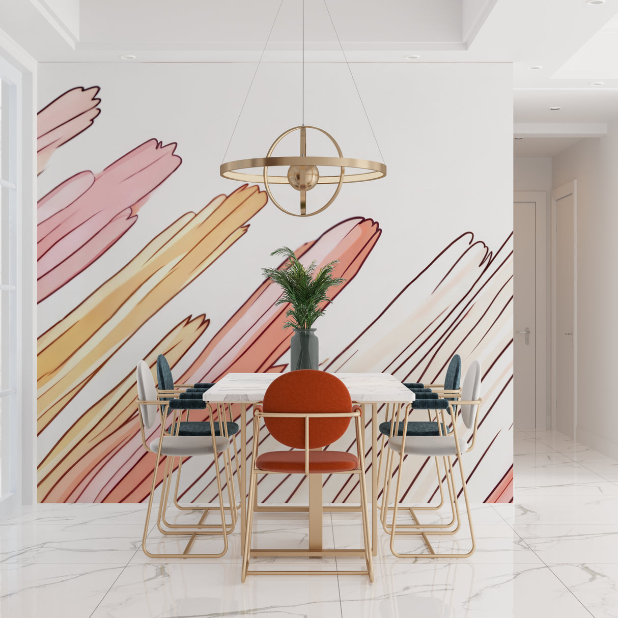 Abstract brushstroke design showcased in a dining room with warm lighting
