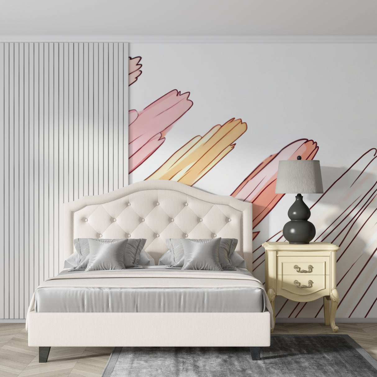 Pastel mural wallpaper adding softness to an entrance hallway