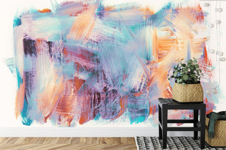 Abstract wall mural in modern living room featuring soft turquoise and coral brushstrokes