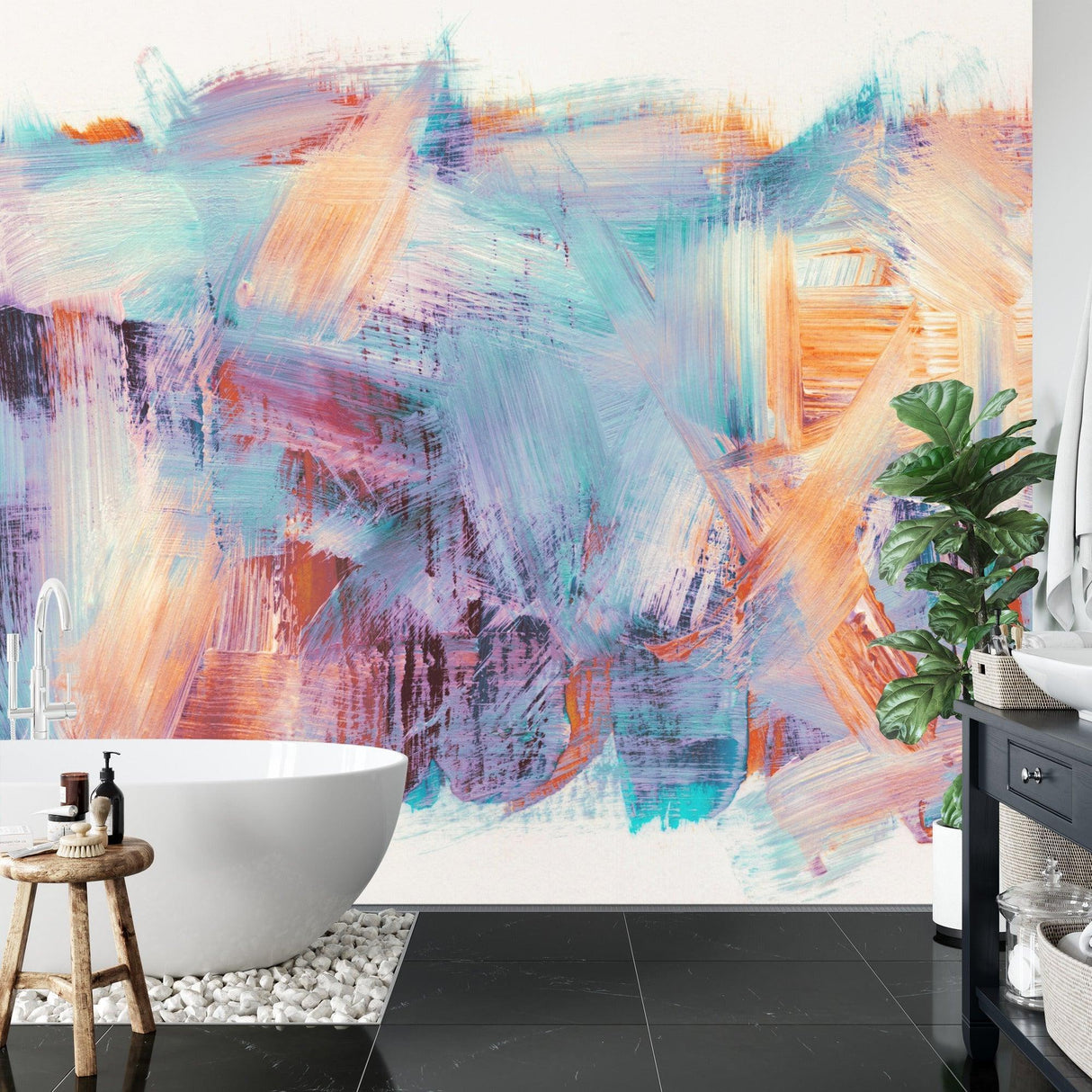 Contemporary bedroom with pastel abstract wallpaper creating a peaceful atmosphere