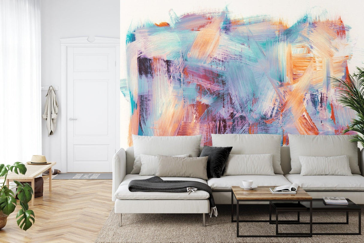 Home office featuring modern abstract wall mural in soothing turquoise tones