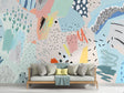 Modern geometric wallpaper in bright home office with natural light showing pastel pattern