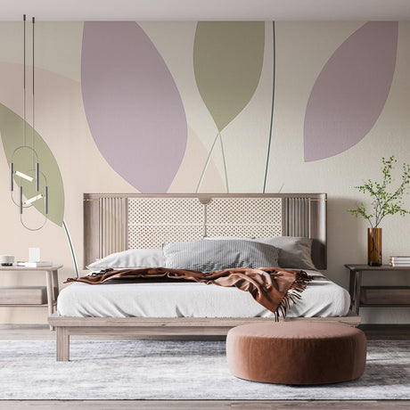 Abstract leaf wallpaper in soft pastel tones creating a serene atmosphere in a modern living room setting