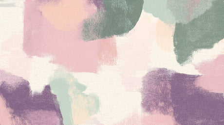 Abstract pink and sage watercolor wallpaper mural in a bright modern living room, creating a peaceful artistic atmosphere
