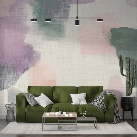 Abstract watercolor wallpaper in pastel colors creating a soft, artistic atmosphere in a bright modern living room