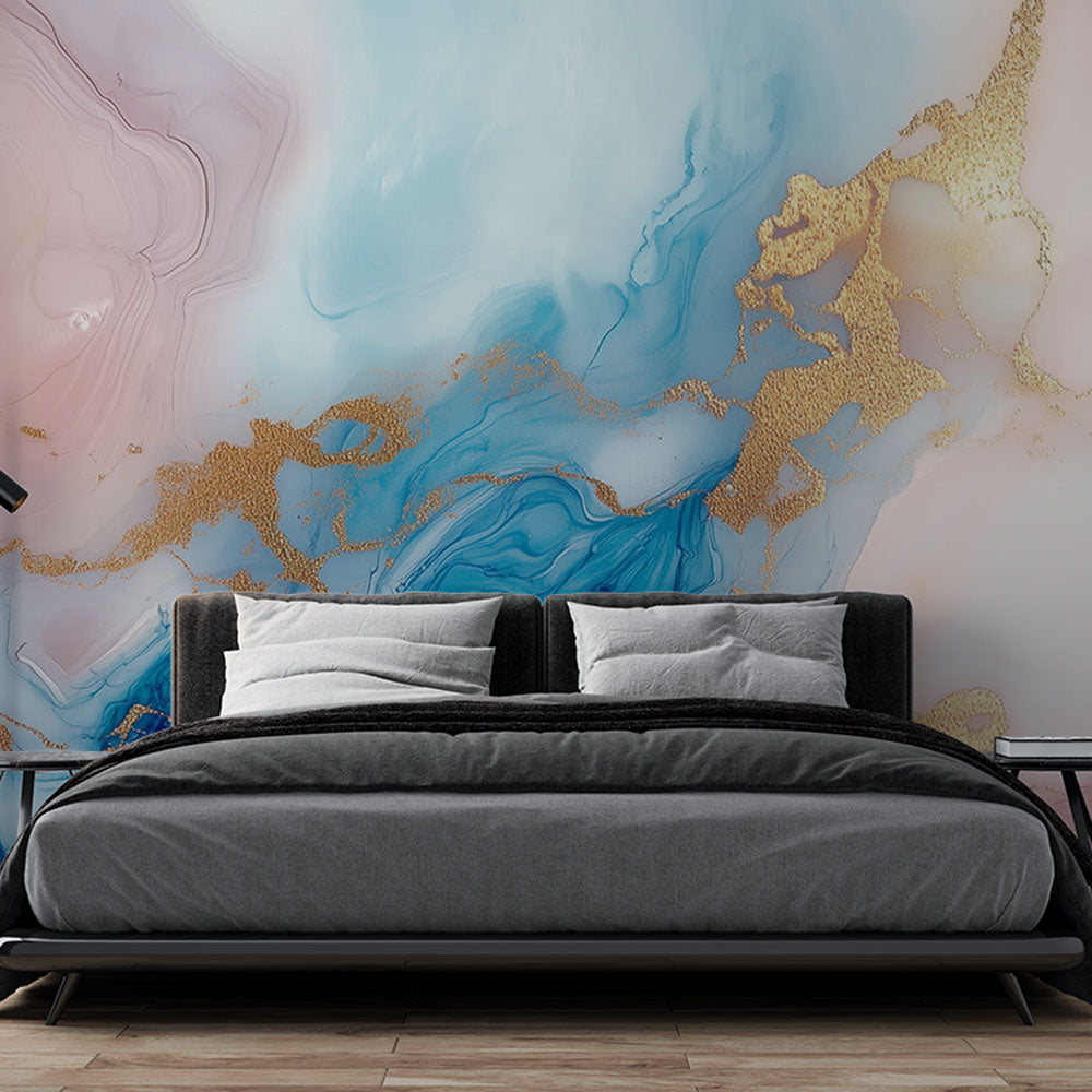 Pink and gold marble abstract wallpaper creating a soft, luxurious atmosphere in a modern living room with natural light