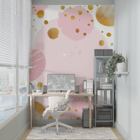 Pink and gold abstract wallpaper creating a cozy atmosphere in a modern living room with natural light