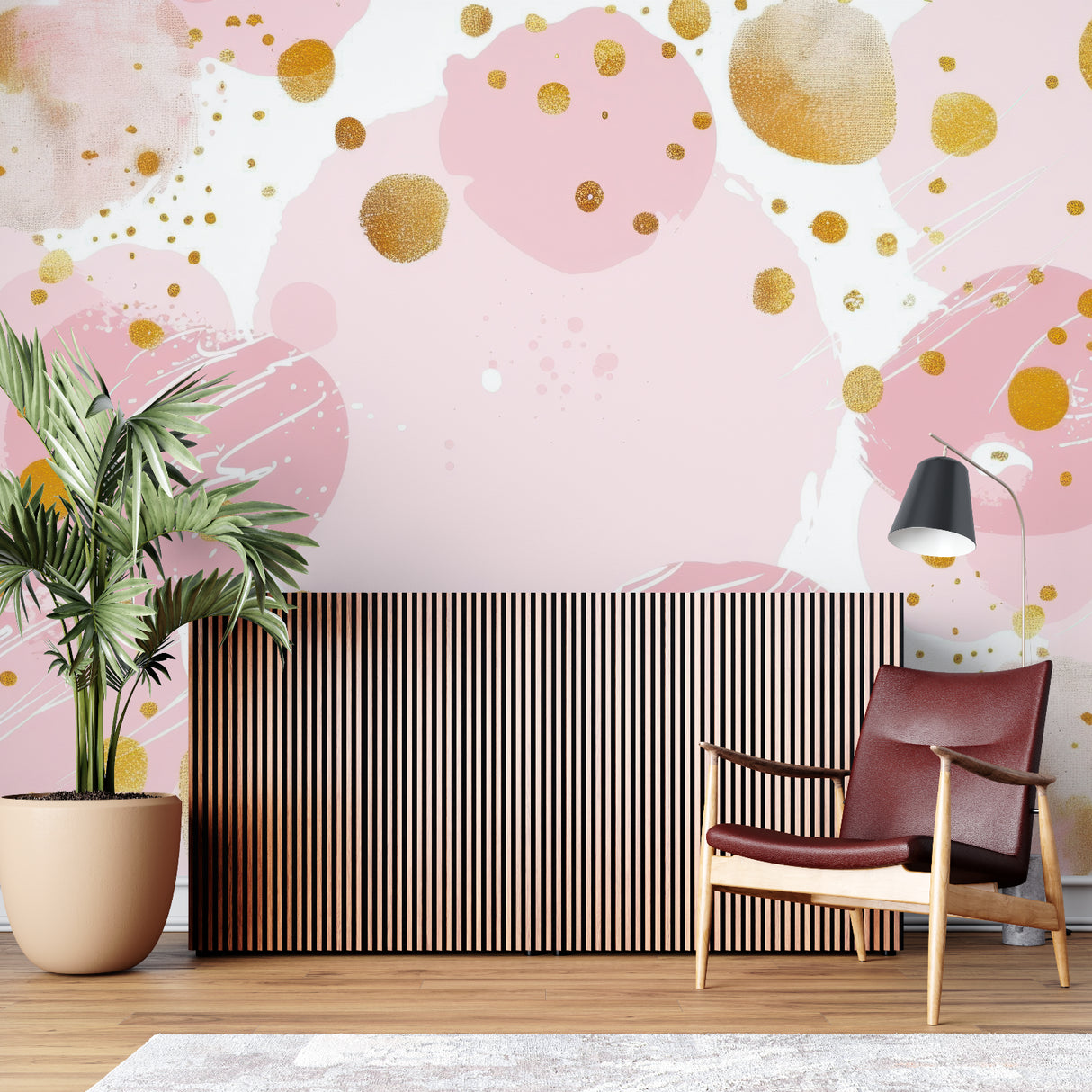 Abstract pink and gold dotted pattern mural in a teenage bedroom showing metallic accents