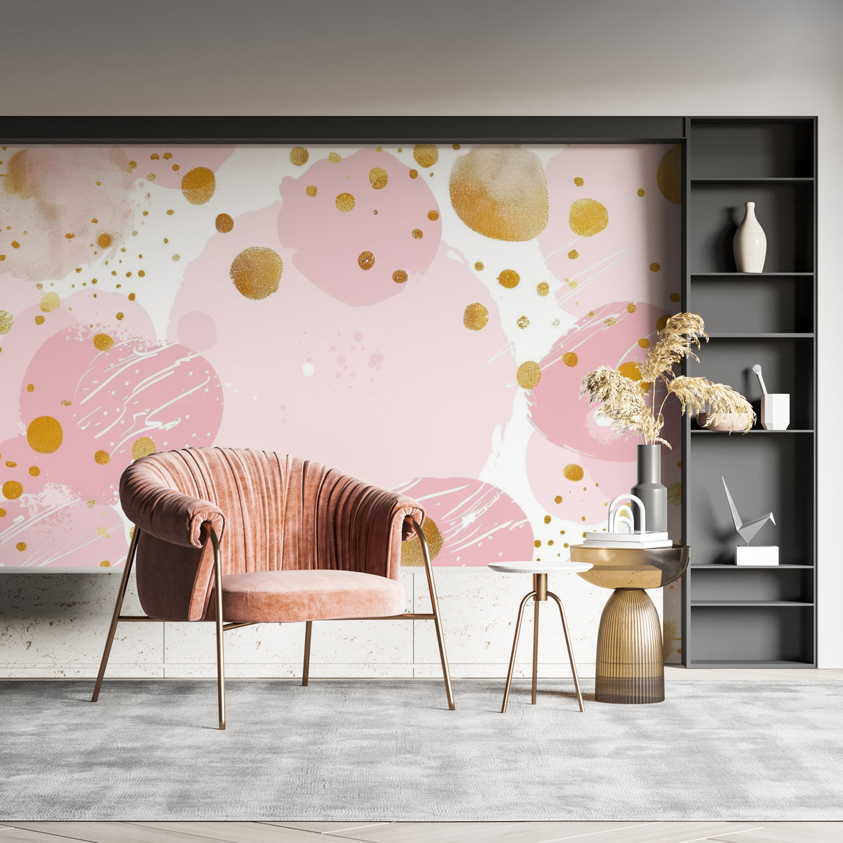 Modern home office featuring pink and gold abstract wallpaper with soft watercolor effect