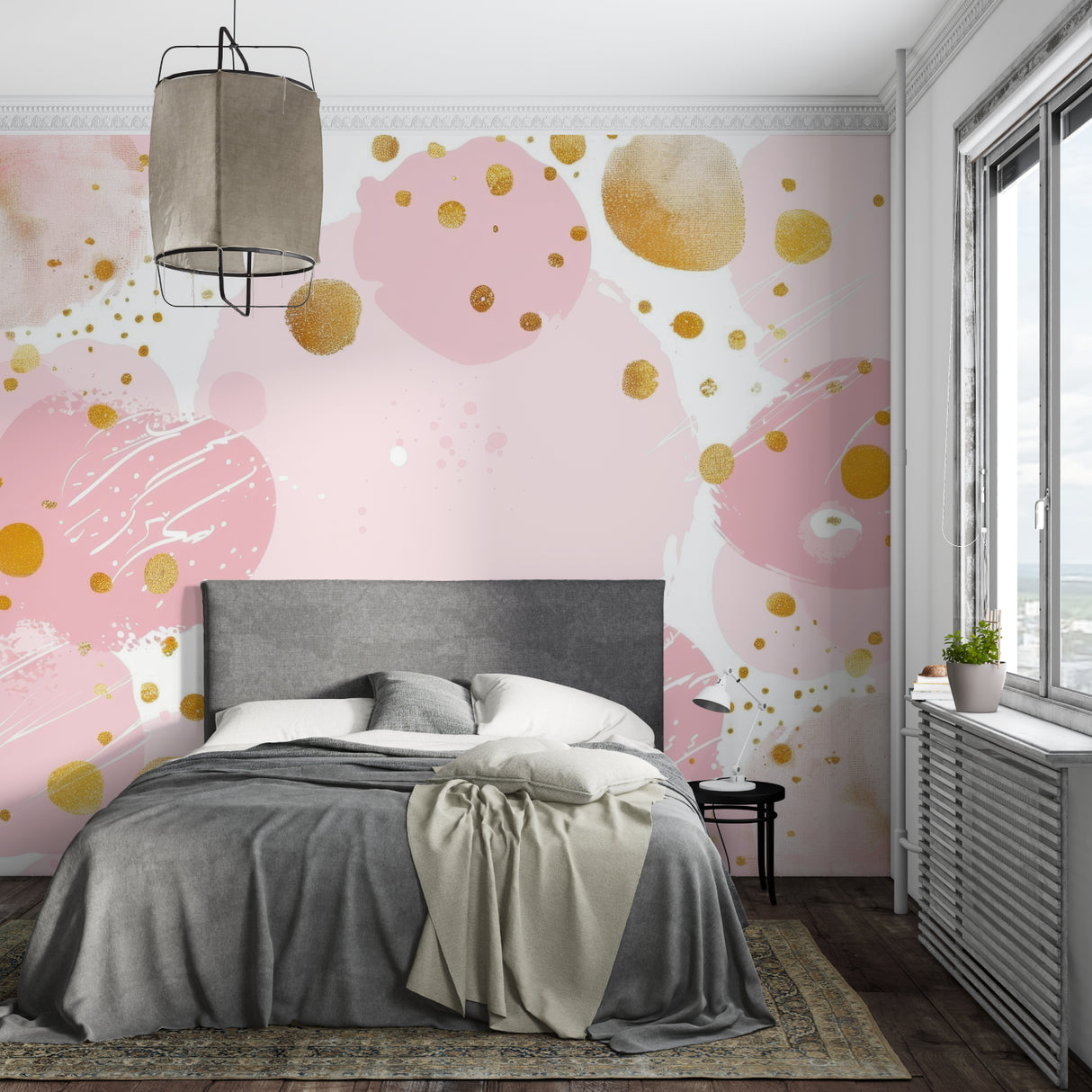 Pink and gold dotted wallpaper bringing elegance to a dining room setting