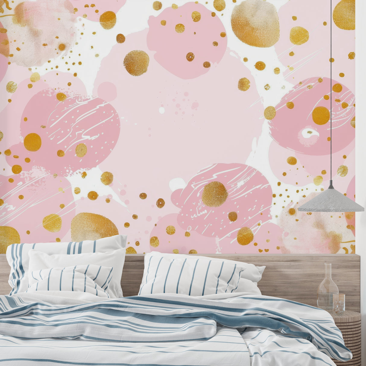 Abstract pink wallpaper with gold dots creating depth in a beauty salon space