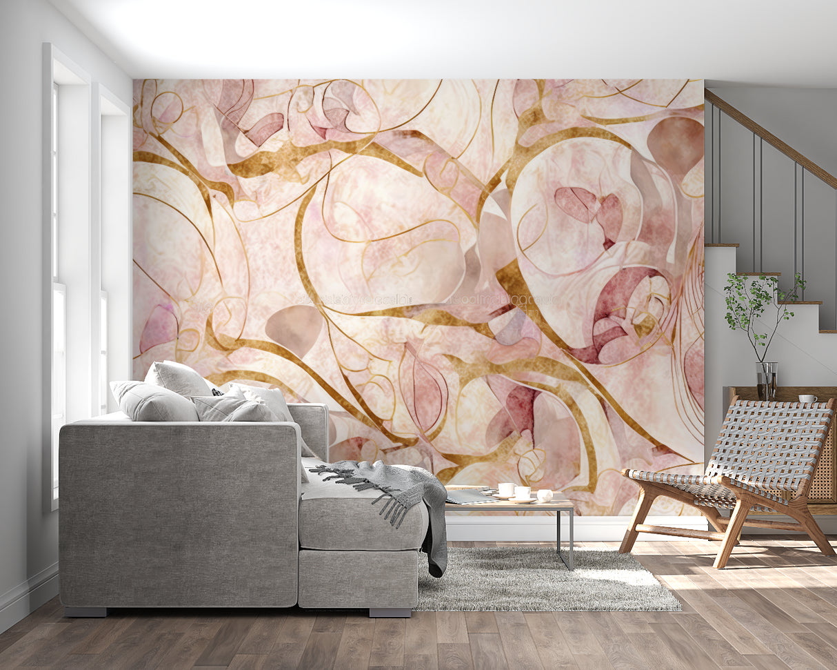 Pink and gold abstract wallpaper in modern living room creating an elegant atmosphere