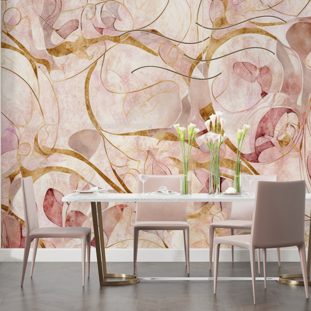 Abstract pink and gold wall mural brightening a contemporary dining space