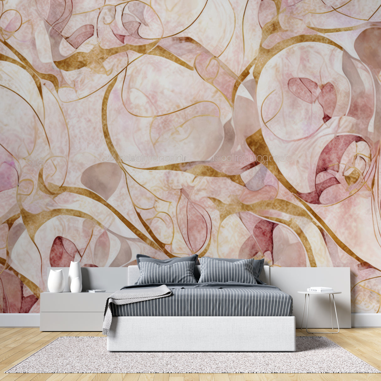 Elegant abstract wallpaper with pink and gold lines in master bedroom setting