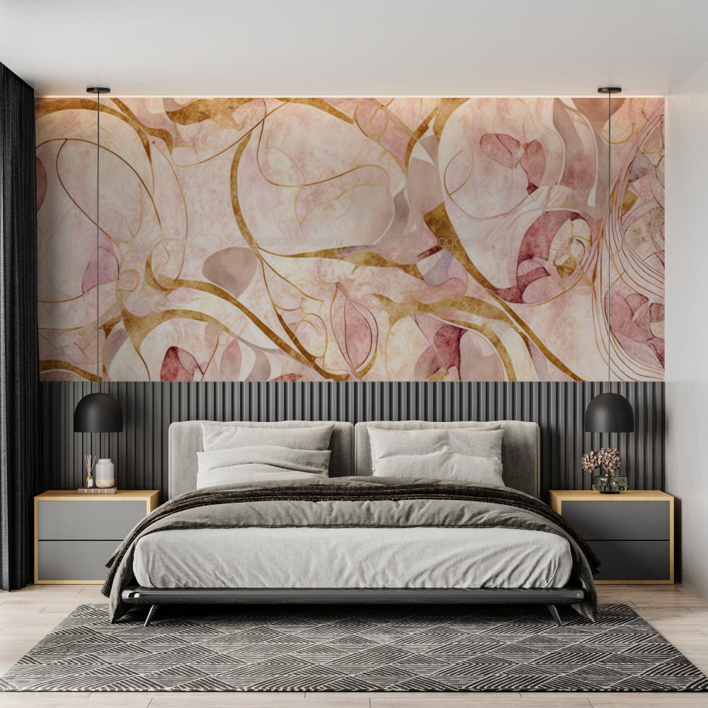 Pink and gold line art wallpaper creating depth in home office