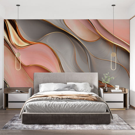 Pink and gold abstract fluid art wallpaper creating a luxurious atmosphere in a modern living room with natural light