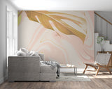 Pink and gold marble wallpaper in modern living room showing flowing abstract design