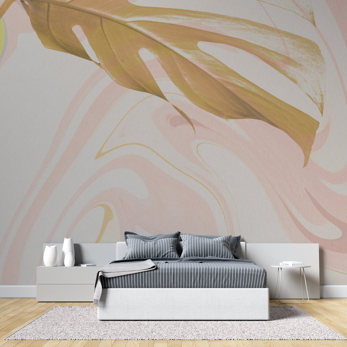 Luxury bathroom with pink marble accent wall mural installation