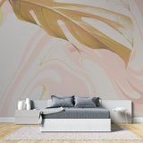 Luxury bathroom with pink marble accent wall mural installation