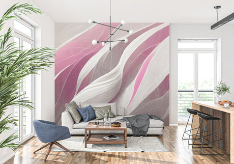 Pink and grey abstract wave wallpaper in modern living room setting showing flowing pattern