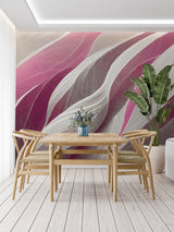 Modern home office featuring pink and grey flowing wave wallpaper design