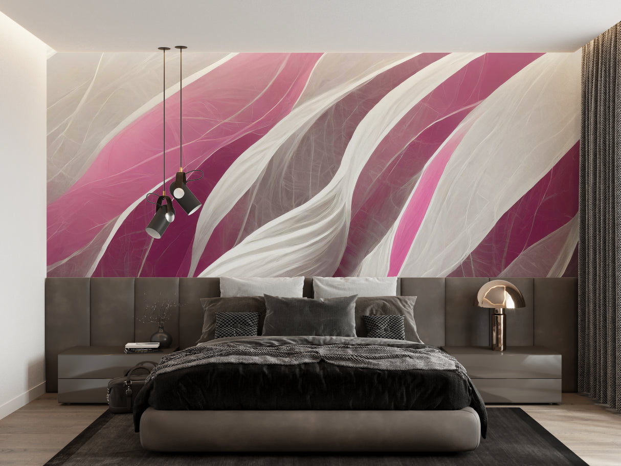 Flowing wave wallpaper in soft pink and grey shown in meditation room