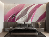 Flowing wave wallpaper in soft pink and grey shown in meditation room