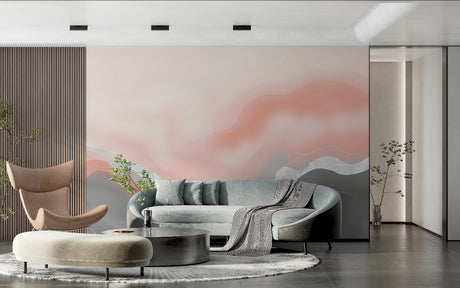 Pink and grey watercolor abstract wallpaper in modern living room creating serene atmosphere