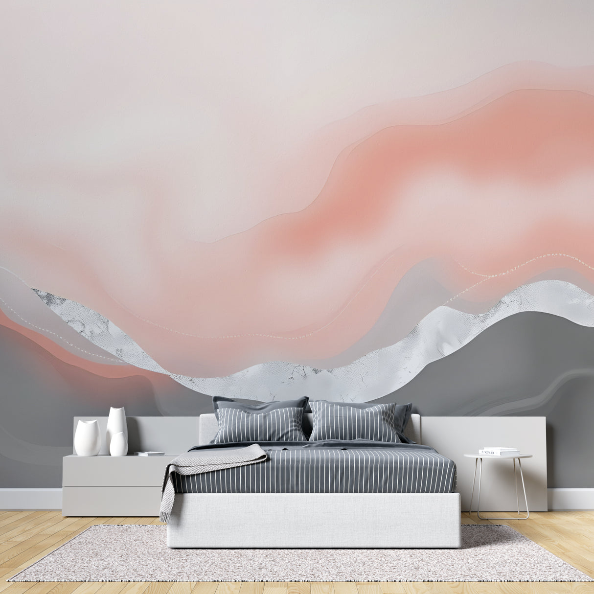 Abstract watercolor mural in master bedroom with soft pink and grey tones