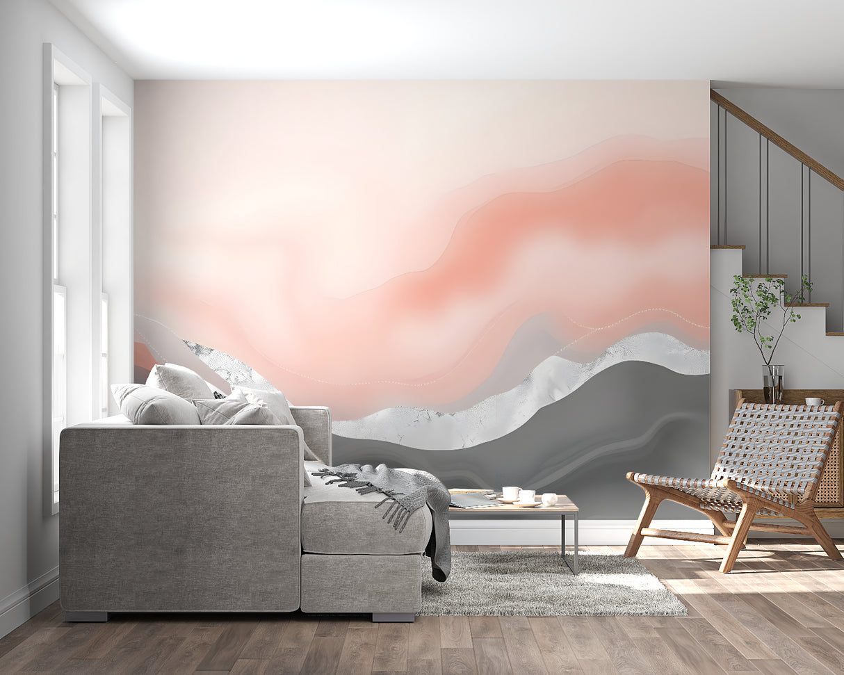 Watercolor wave wallpaper in home office showing flowing design