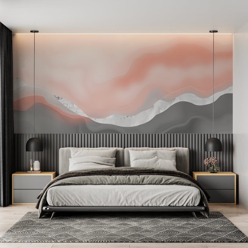 Pink abstract wall mural in meditation room with natural lighting