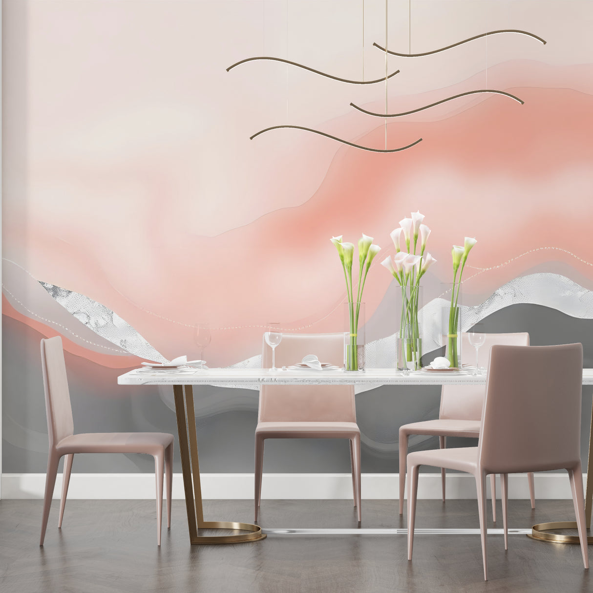 Modern abstract wallpaper featured in dining room with pink and grey waves