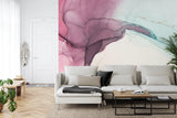 Watercolor flow mural creating a peaceful bedroom accent wall