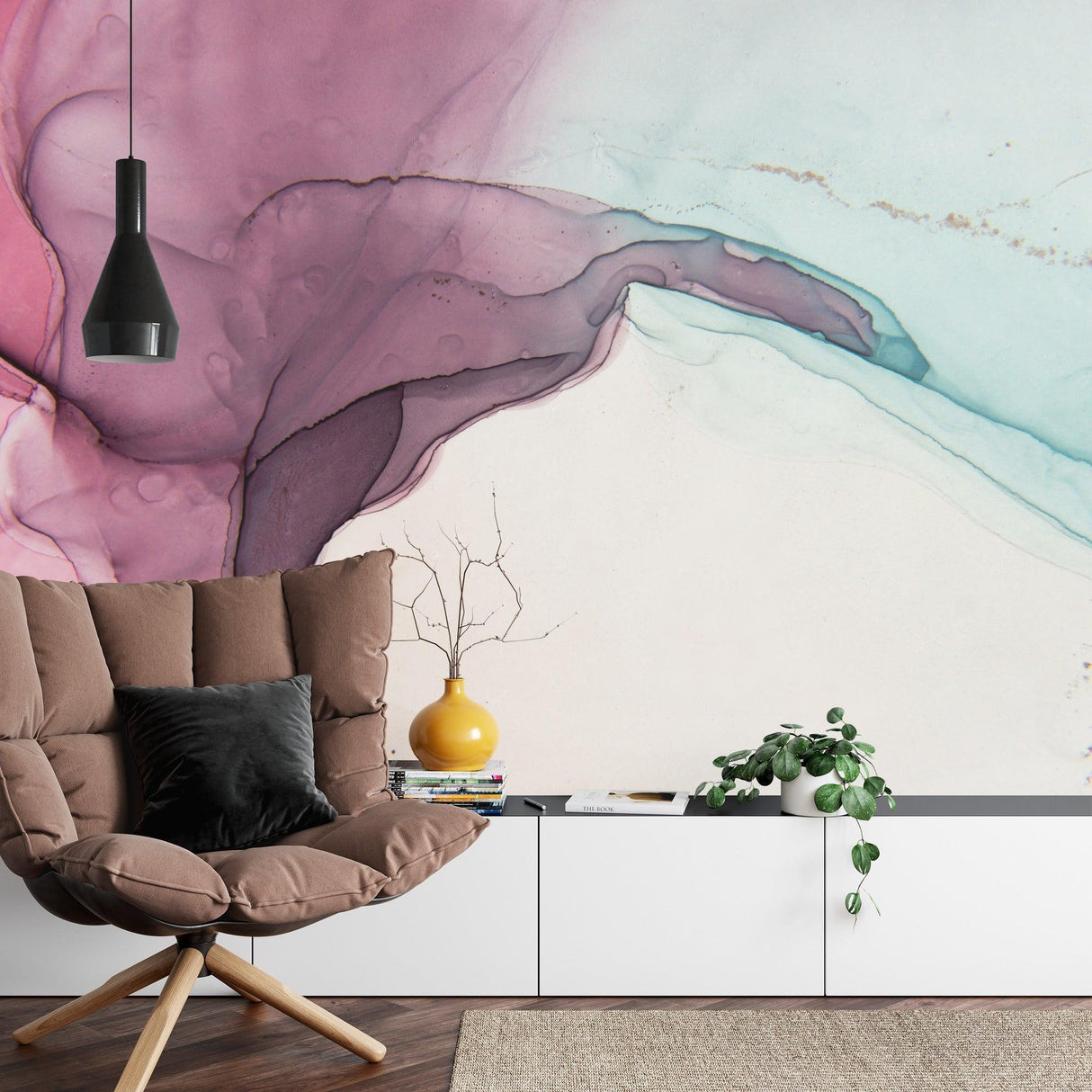 Abstract pink and mint wallpaper in a bright home office space