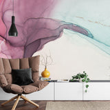 Abstract pink and mint wallpaper in a bright home office space